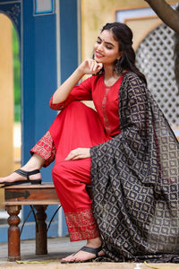 Thumbnail for Yufta Women Maroon & Black Thread Work Pure Cotton Kurta with Trousers & With Dupatta