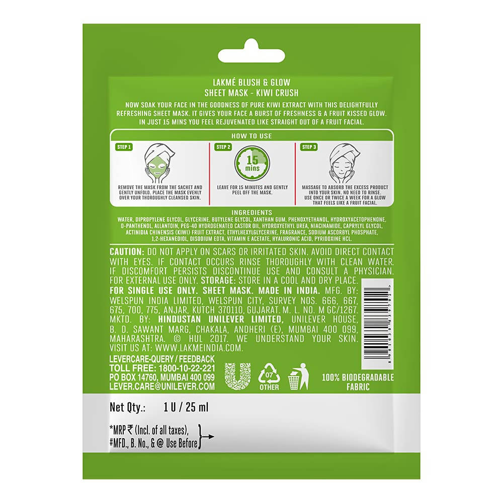 Lakme Blush And Glow Kiwi Sheet Mask back image