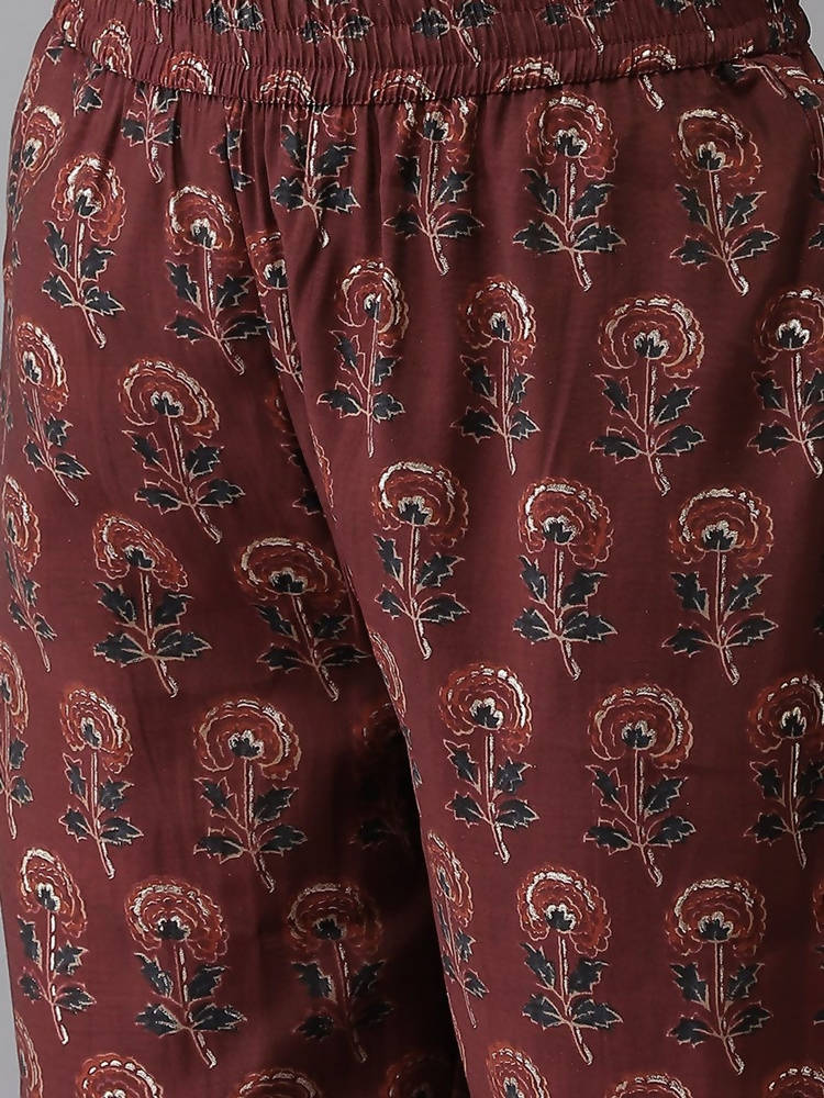 Yufta Women Maroon Floral Printed Regular Kurta with Palazzo & With Dupatta