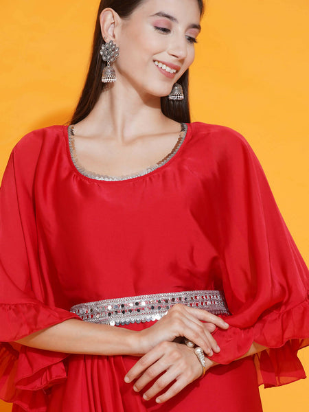 Women Republic Red Georgette Gown With Embellished Belt - Distacart