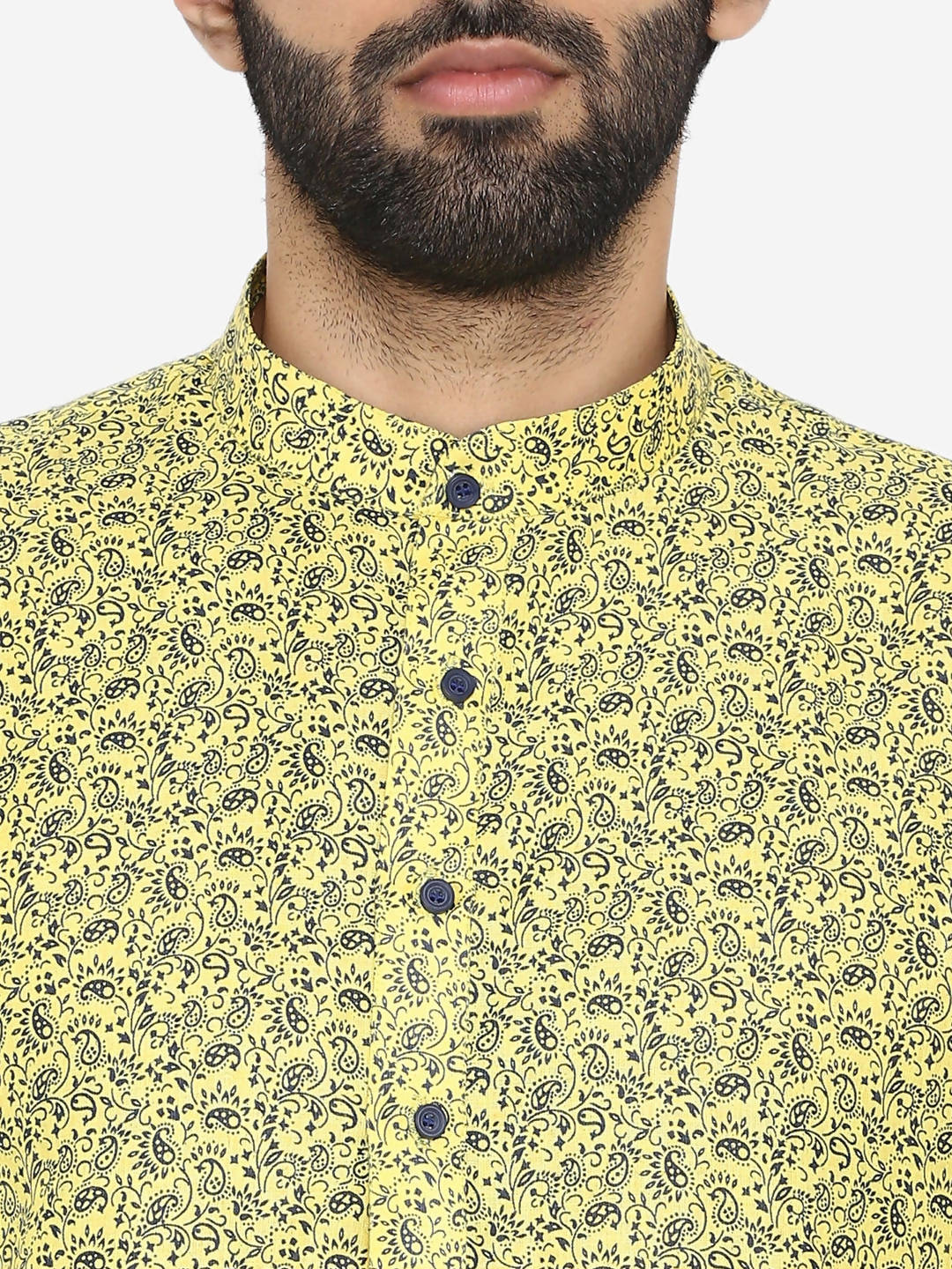 Manyavar Men Yellow & Navy Blue Printed Straight Kurta - Distacart