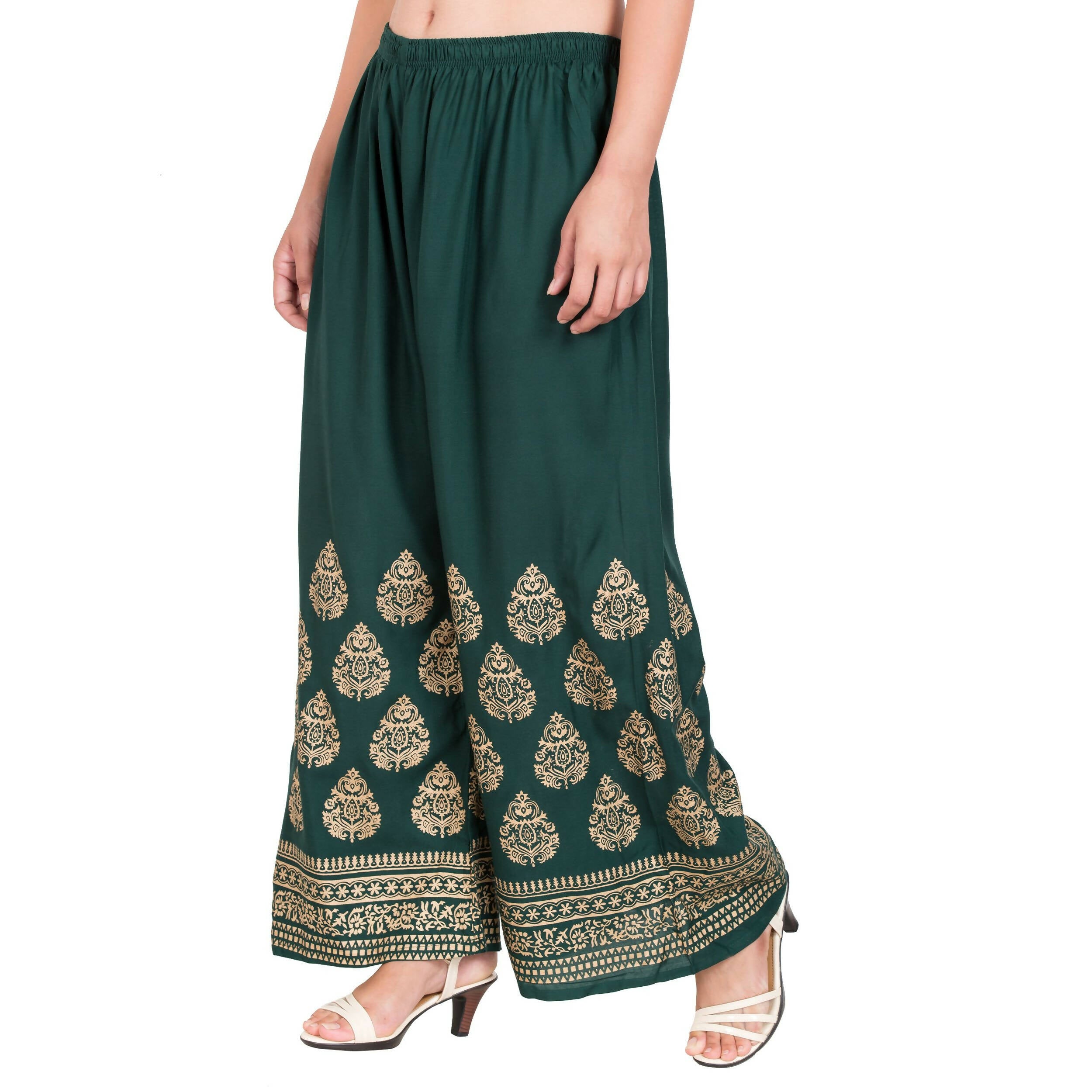 PAVONINE Bottle Green Color Golden Printed Rayon Fabric Sharara For Women & Girls - Distacart