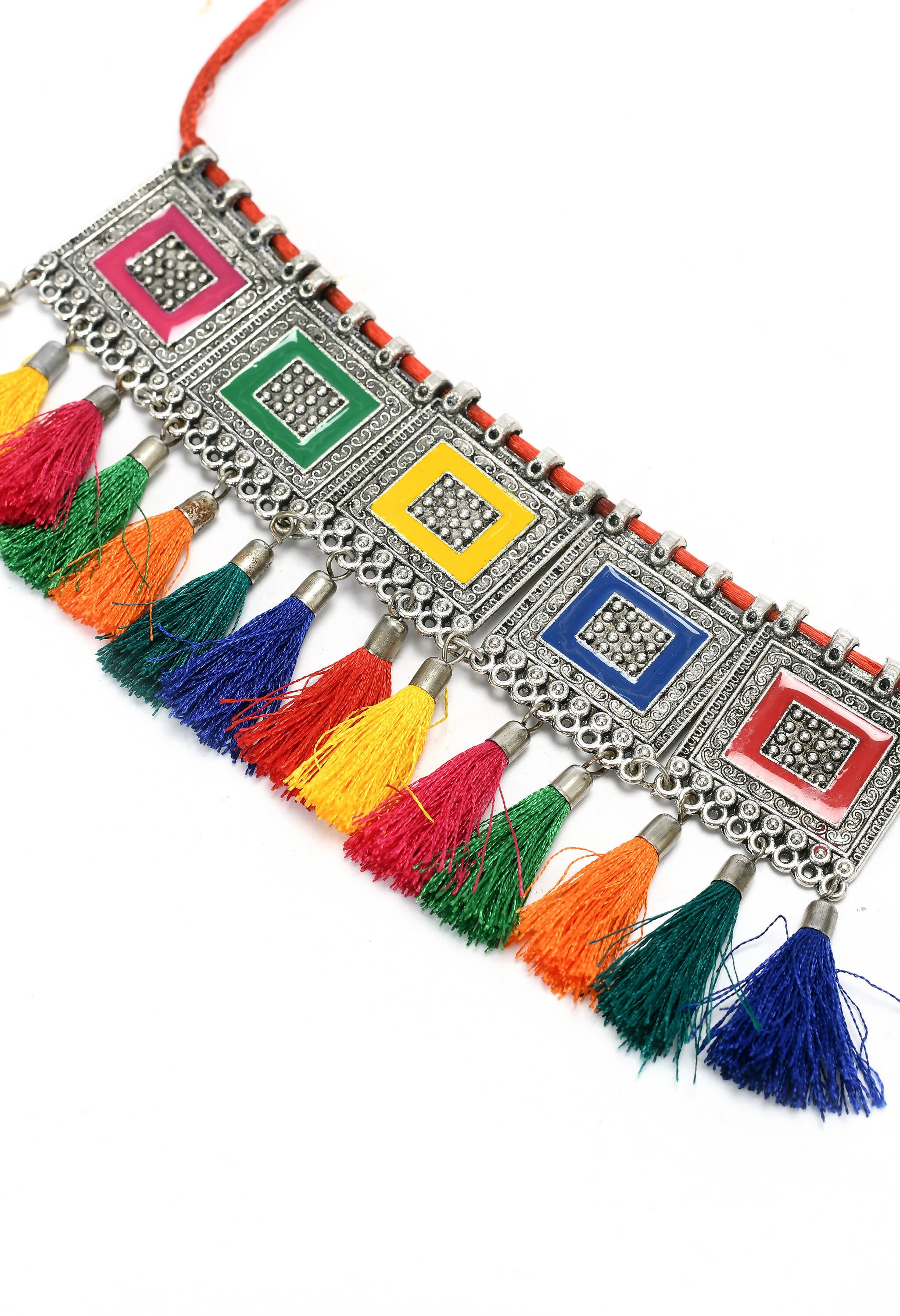 Mominos Fashion Johar Kamal Oxidised Silver-Plated Brass Finish Tassel Work Handicraft Choker For Women (Multi) - Distacart