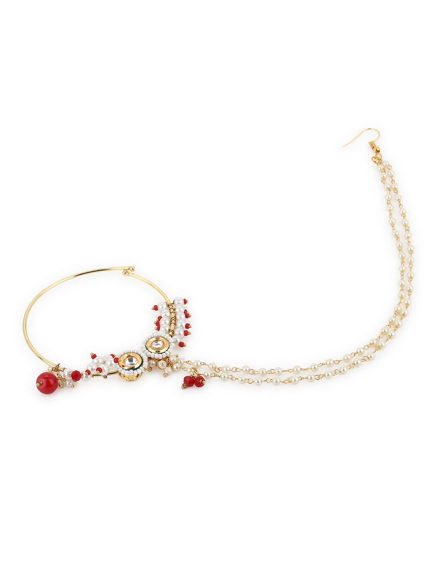Gold-Plated White Red Kundan Studded Beaded Chained Nose Ring - Ruby Raang - Distacart