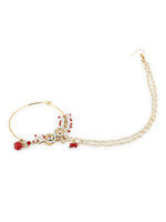 Thumbnail for Gold-Plated White Red Kundan Studded Beaded Chained Nose Ring - Ruby Raang - Distacart