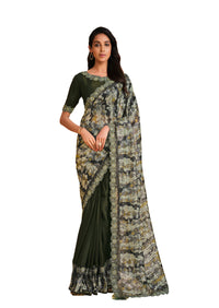 Thumbnail for Green Satin Crepe Silk Sequence Embroidered Saree With Unstitched Blouse - Mohmanthan Yavanika - Distacart