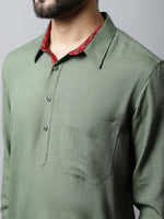 Thumbnail for Even Apparels Green Color Linen Solid Men's Kurta With Shirt Collar (LN944) - Distacart