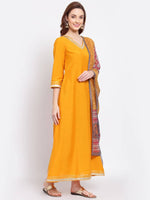 Thumbnail for Myshka Women's Yellow Printed Silk Blend 3/4 Sleeve V Neck Casual Kurta Dupatta Set