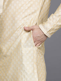 Thumbnail for Manyavar Men Beige Ethnic Motifs Regular Thread Work Art Silk Jacquard Kurta with Churidar - Distacart