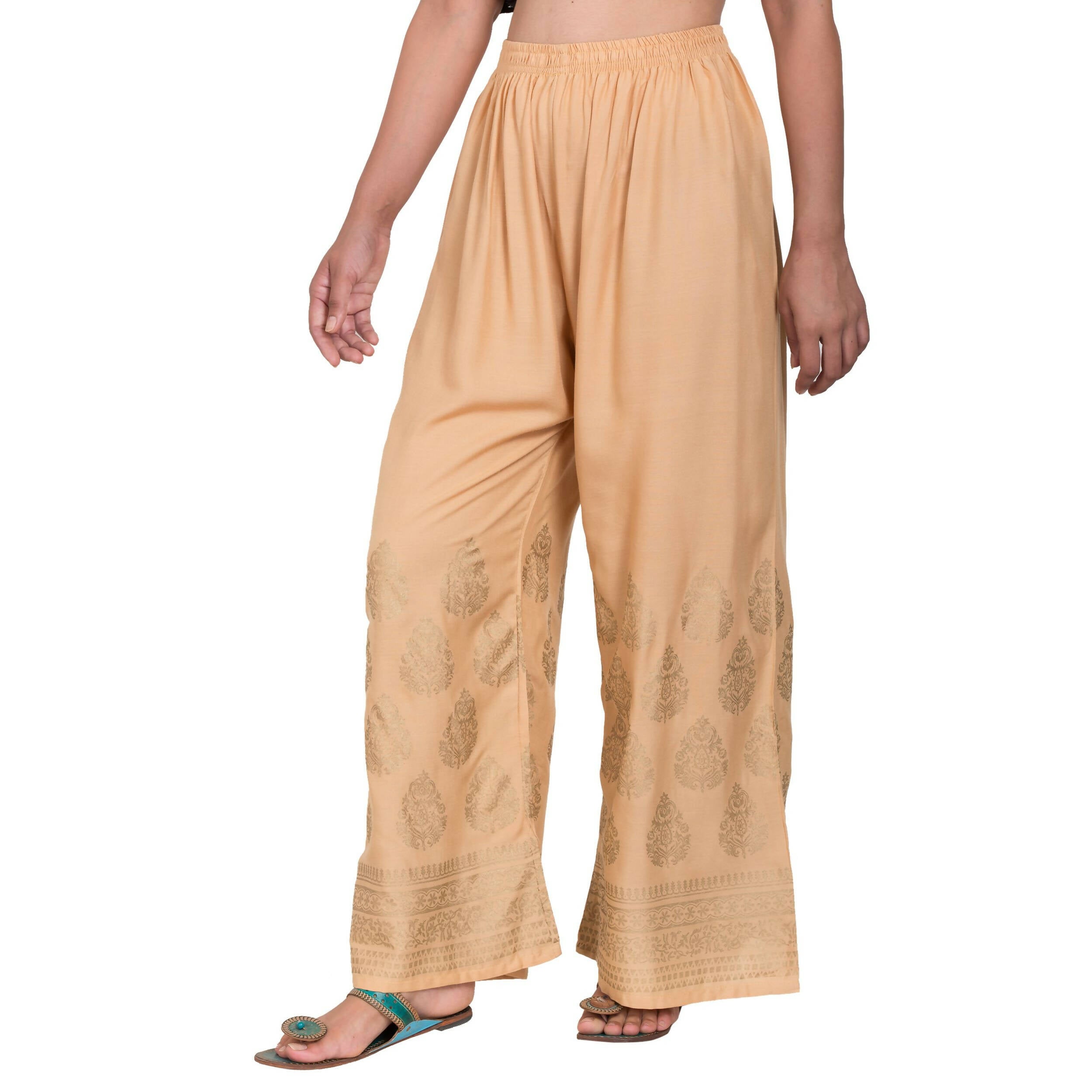 PAVONINE Beige Color Golden Printed Rayon Fabric Sharara For Women & Girls - Distacart