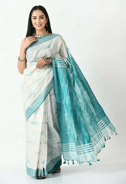 Mominos Fashion Moeza White & Sea Green Bhagalpuri Handloom Ikat Pure Cotton Saree with unstitched Blouse piece - Distacart