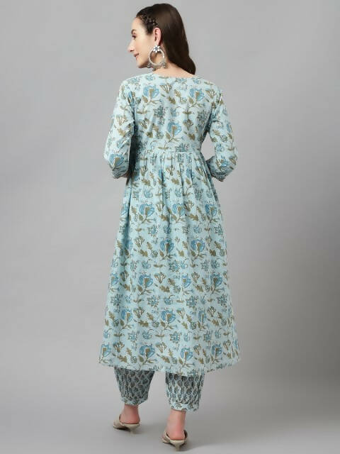 FIORRA Women's Sky Blue Pure Cotton Flared Kurta Set - Distacart