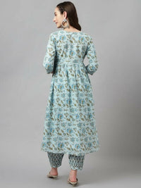 Thumbnail for FIORRA Women's Sky Blue Pure Cotton Flared Kurta Set - Distacart