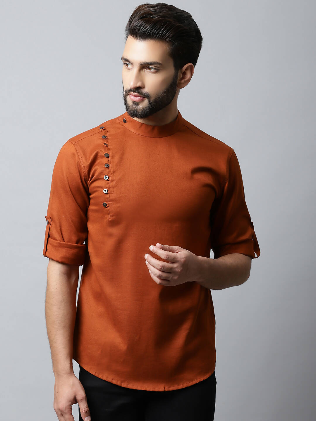 Even Apparels Brown Color Linen Pure Cotton Men's Kurta With Side Placket (SLD1137) - Distacart