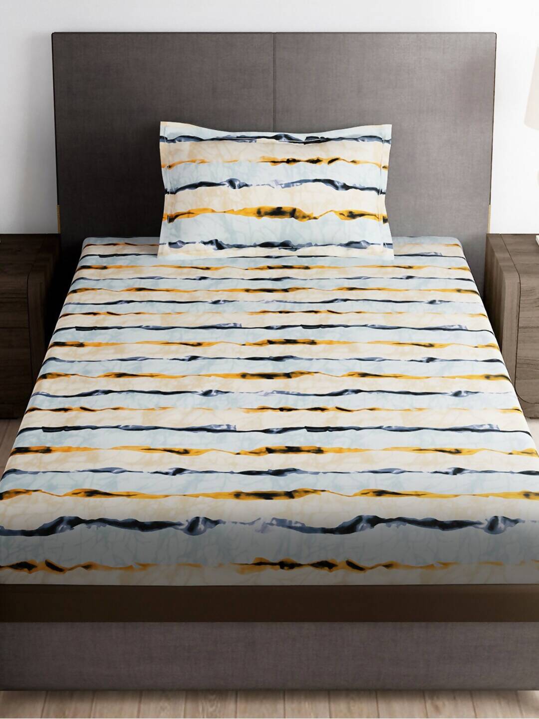 Story@home Arena Cream-Coloured & Grey Printed 180 TC Bedsheet & Pillow Covers - Distacart
