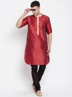 Thumbnail for Even Apparels Red Art Silk Men's Kurta With Contrast Collar And Placket - Distacart