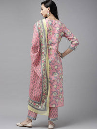 Thumbnail for Yufta Pink printed kurta with Trouser & Dupatta Set
