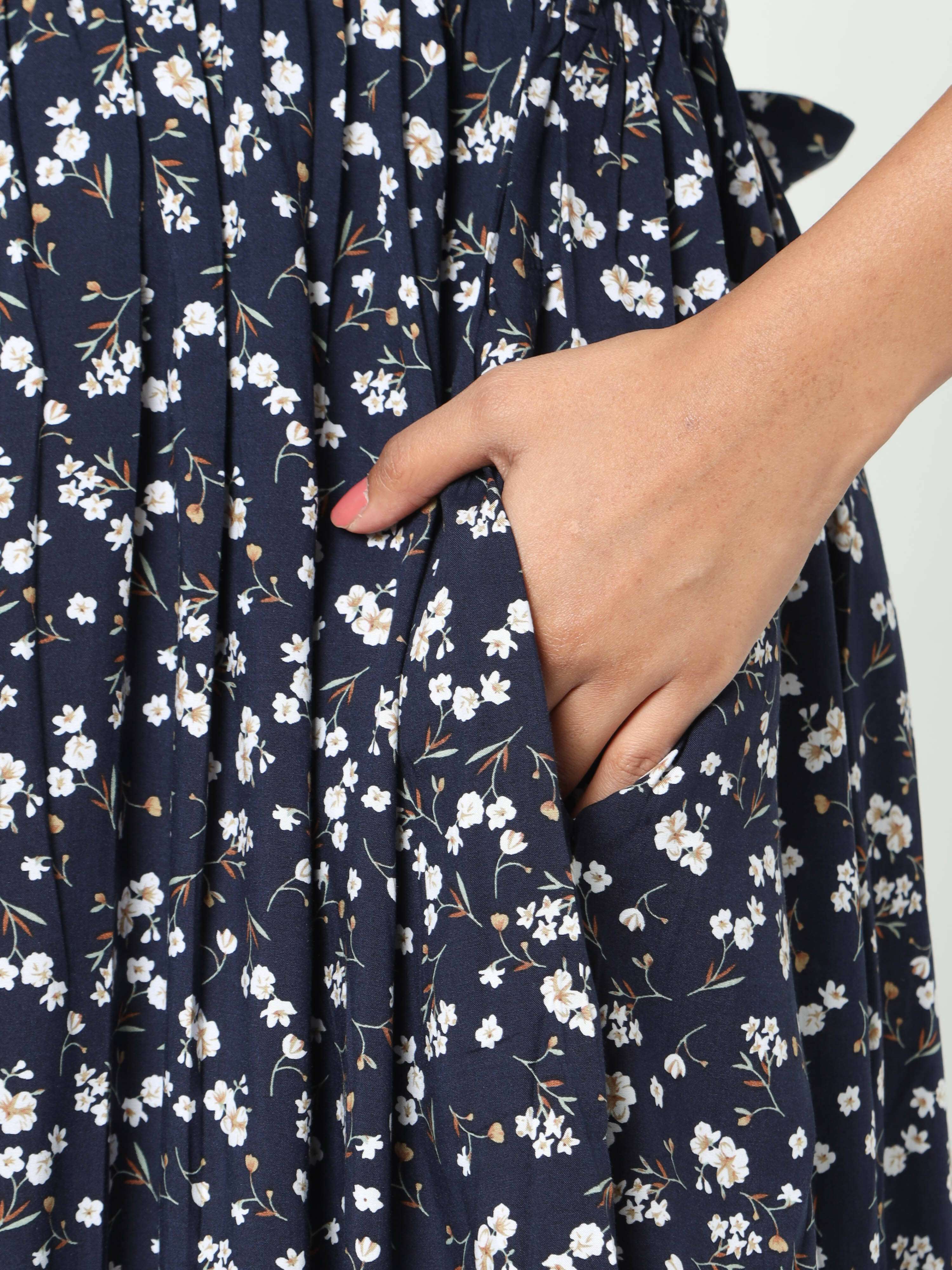 Manet Frill Slevees Maternity Dress Floral Print With Concealed Zipper Nursing Access - Navy - Distacart