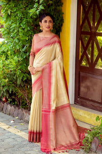 Thumbnail for Vishnu Weaves Women's Beige South Silk Zari Woven Saree with Unstitched Blouse - Distacart