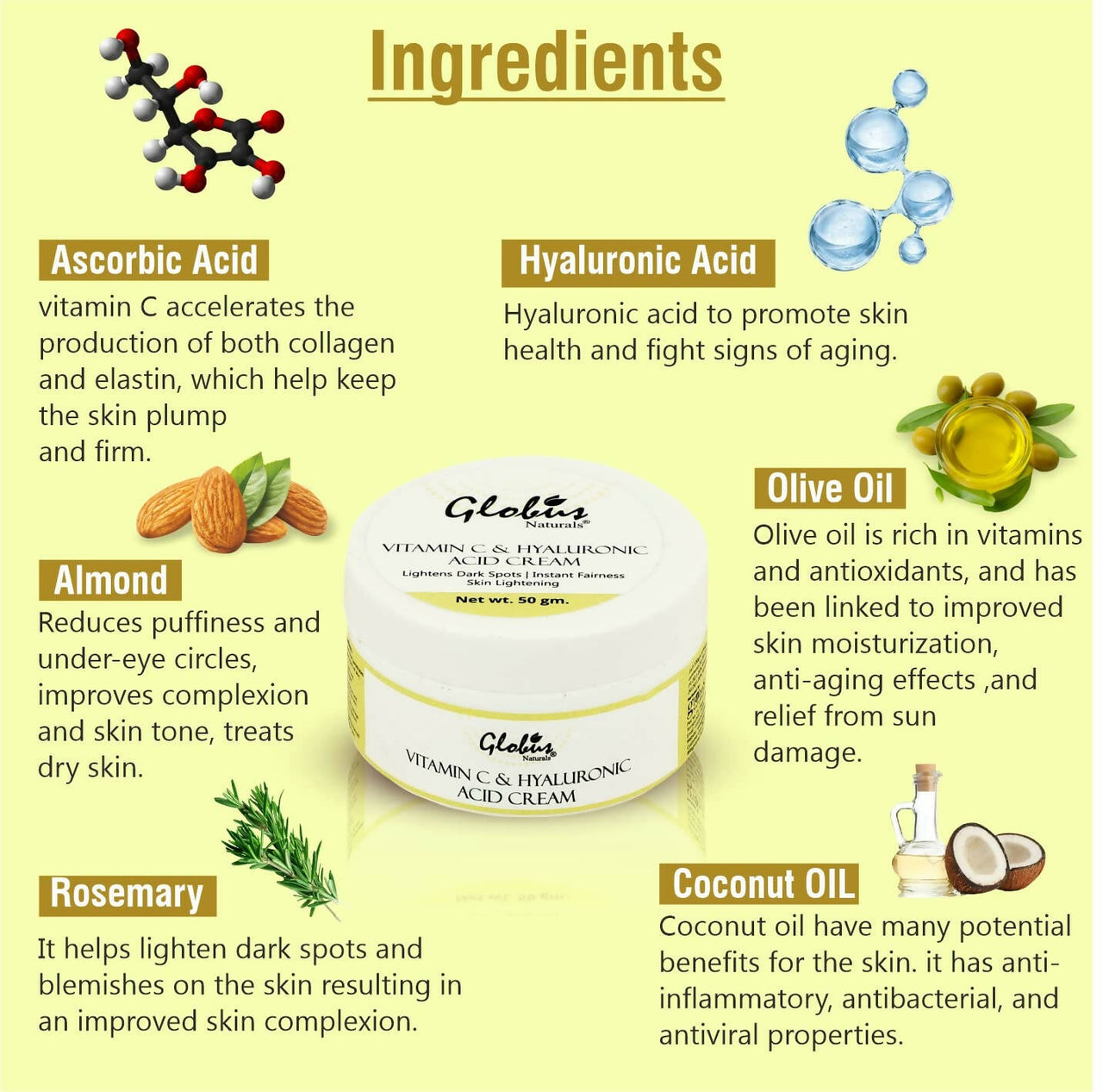 Globus Naturals Hyaluronic Acid and Vitamin C skin Lightening Brightening Cream - Distacart