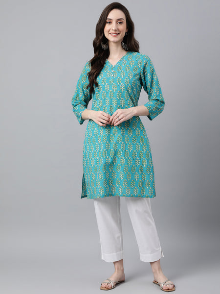 Janasya Women's Turquoise Blue Cotton Block Print Straight Tunic - Distacart
