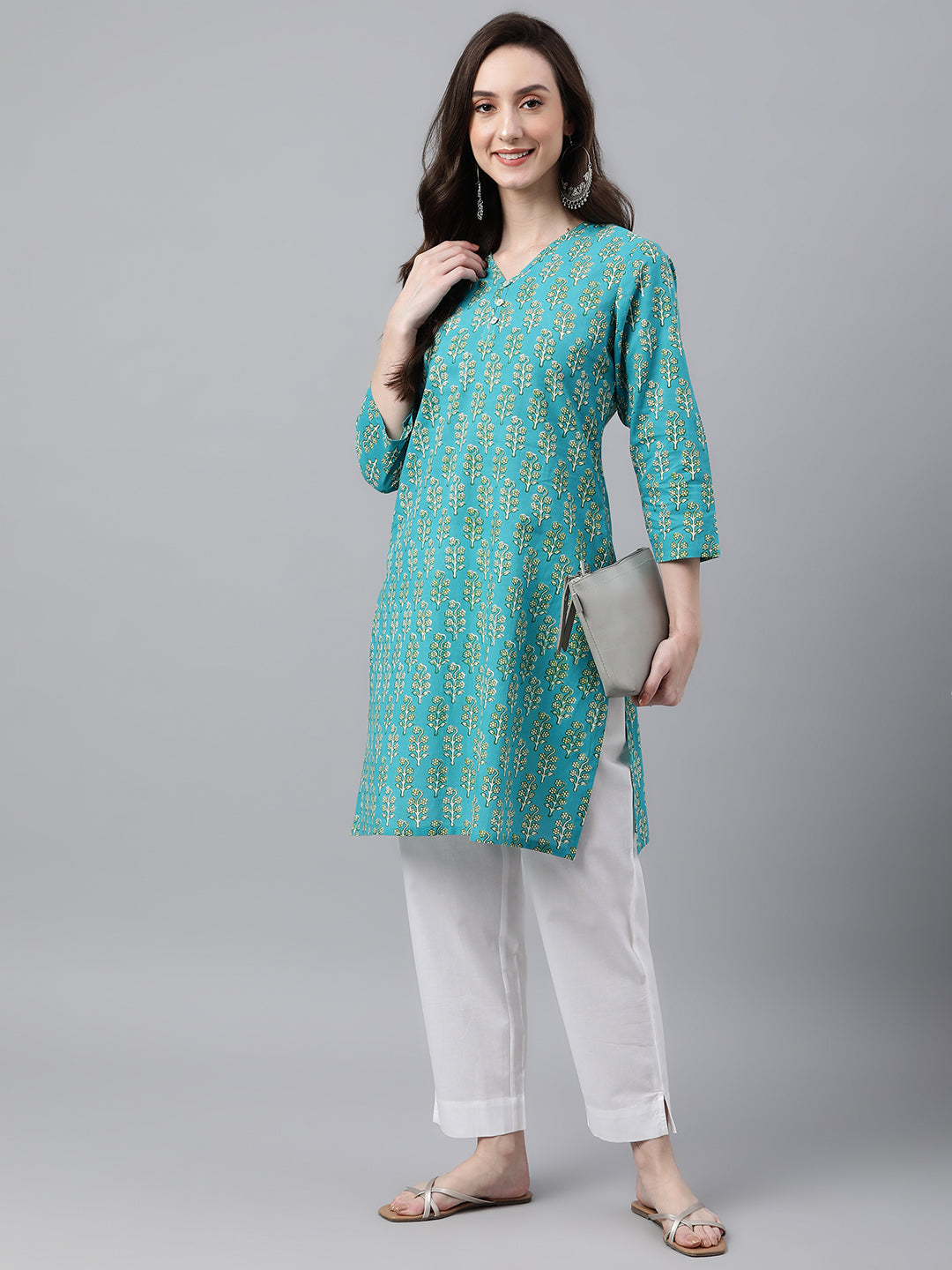 Janasya Women's Turquoise Blue Cotton Block Print Straight Tunic - Distacart
