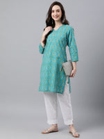 Thumbnail for Janasya Women's Turquoise Blue Cotton Block Print Straight Tunic - Distacart