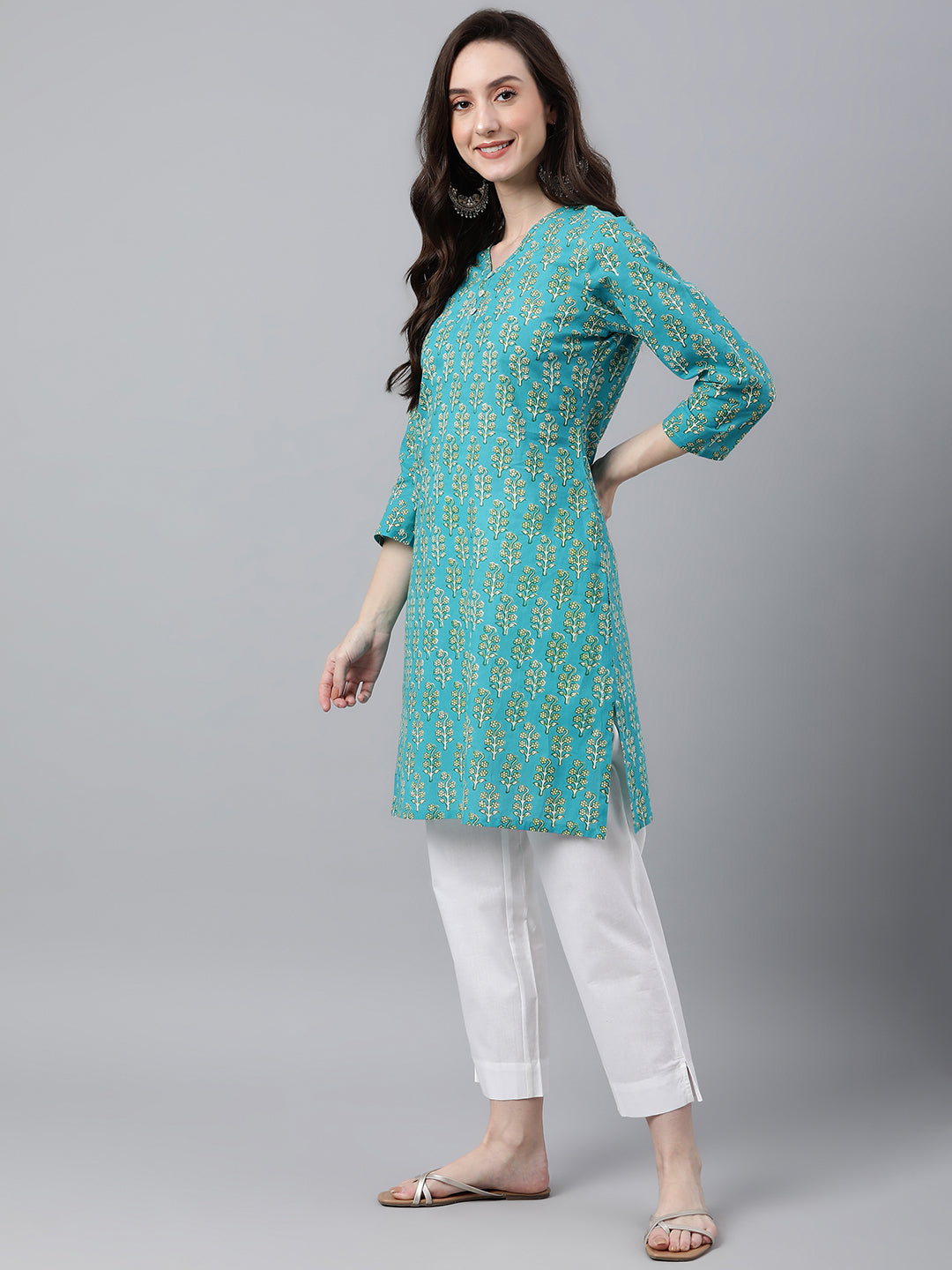 Janasya Women's Turquoise Blue Cotton Block Print Straight Tunic - Distacart