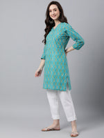 Thumbnail for Janasya Women's Turquoise Blue Cotton Block Print Straight Tunic - Distacart