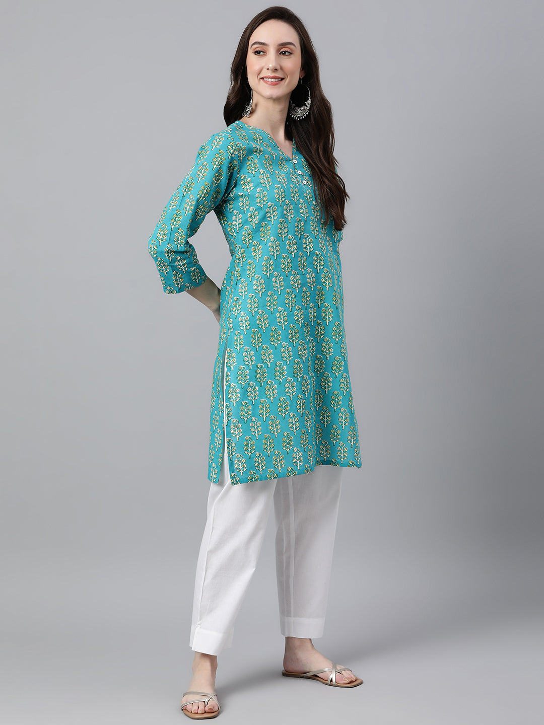 Janasya Women's Turquoise Blue Cotton Block Print Straight Tunic - Distacart