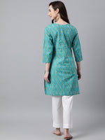 Thumbnail for Janasya Women's Turquoise Blue Cotton Block Print Straight Tunic - Distacart