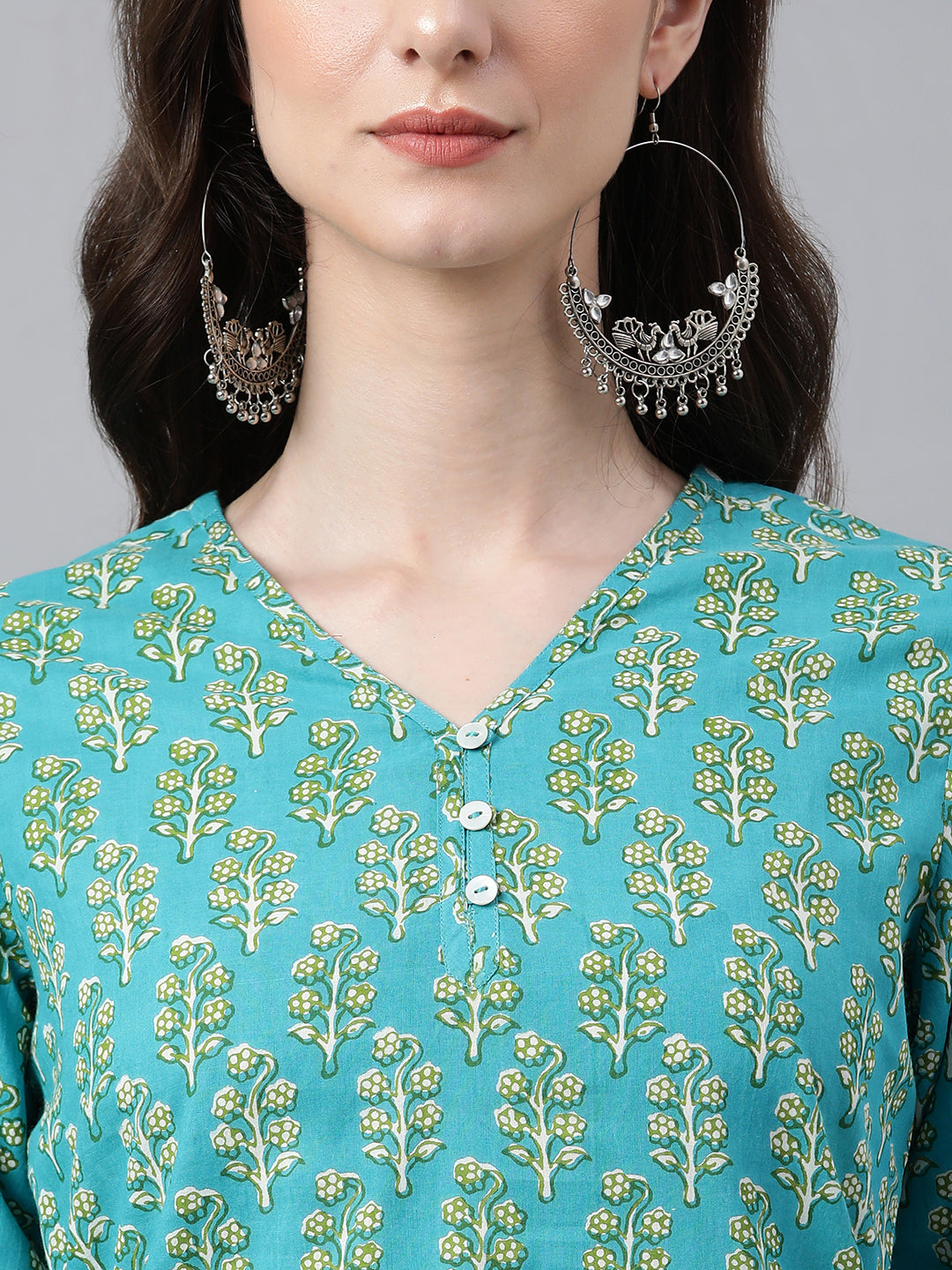 Janasya Women's Turquoise Blue Cotton Block Print Straight Tunic - Distacart