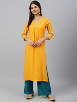 Thumbnail for Janasya Women's Orange Rayon Gold Floral Print Festive Straight Kurta - Distacart