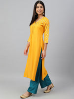 Thumbnail for Janasya Women's Orange Rayon Gold Floral Print Festive Straight Kurta - Distacart