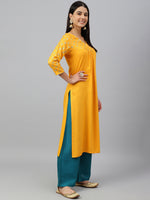 Thumbnail for Janasya Women's Orange Rayon Gold Floral Print Festive Straight Kurta - Distacart