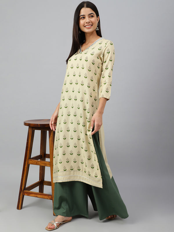 Janasya Women's Beige Rayon Botanical Print Festive Straight Kurta - Distacart