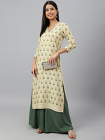 Thumbnail for Janasya Women's Beige Rayon Botanical Print Festive Straight Kurta - Distacart