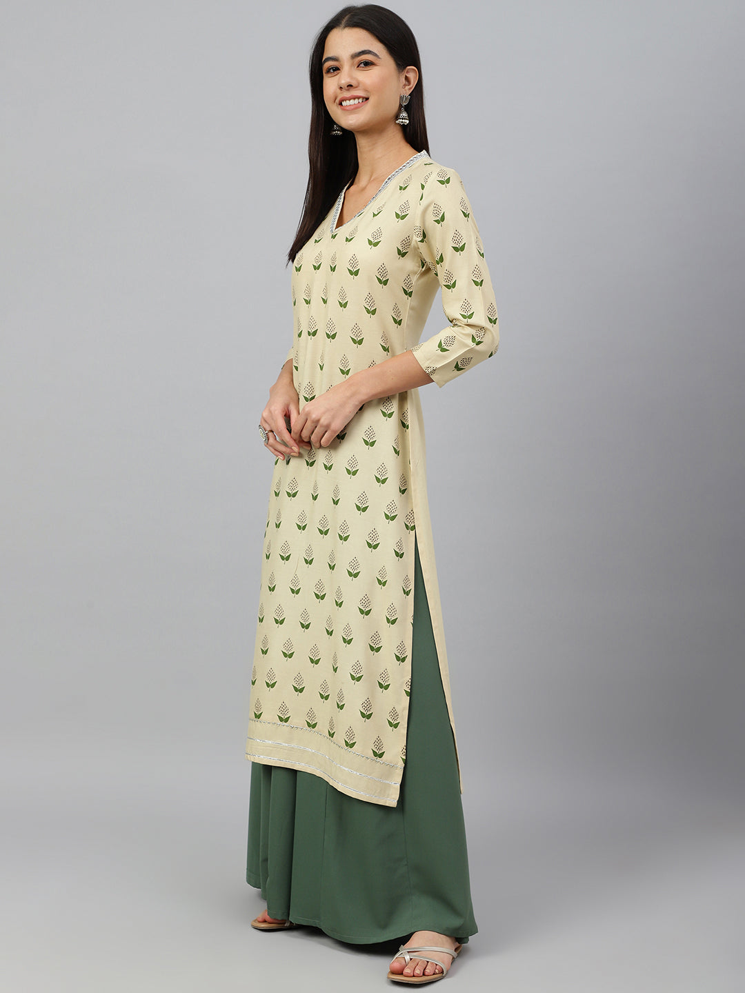 Janasya Women's Beige Rayon Botanical Print Festive Straight Kurta - Distacart