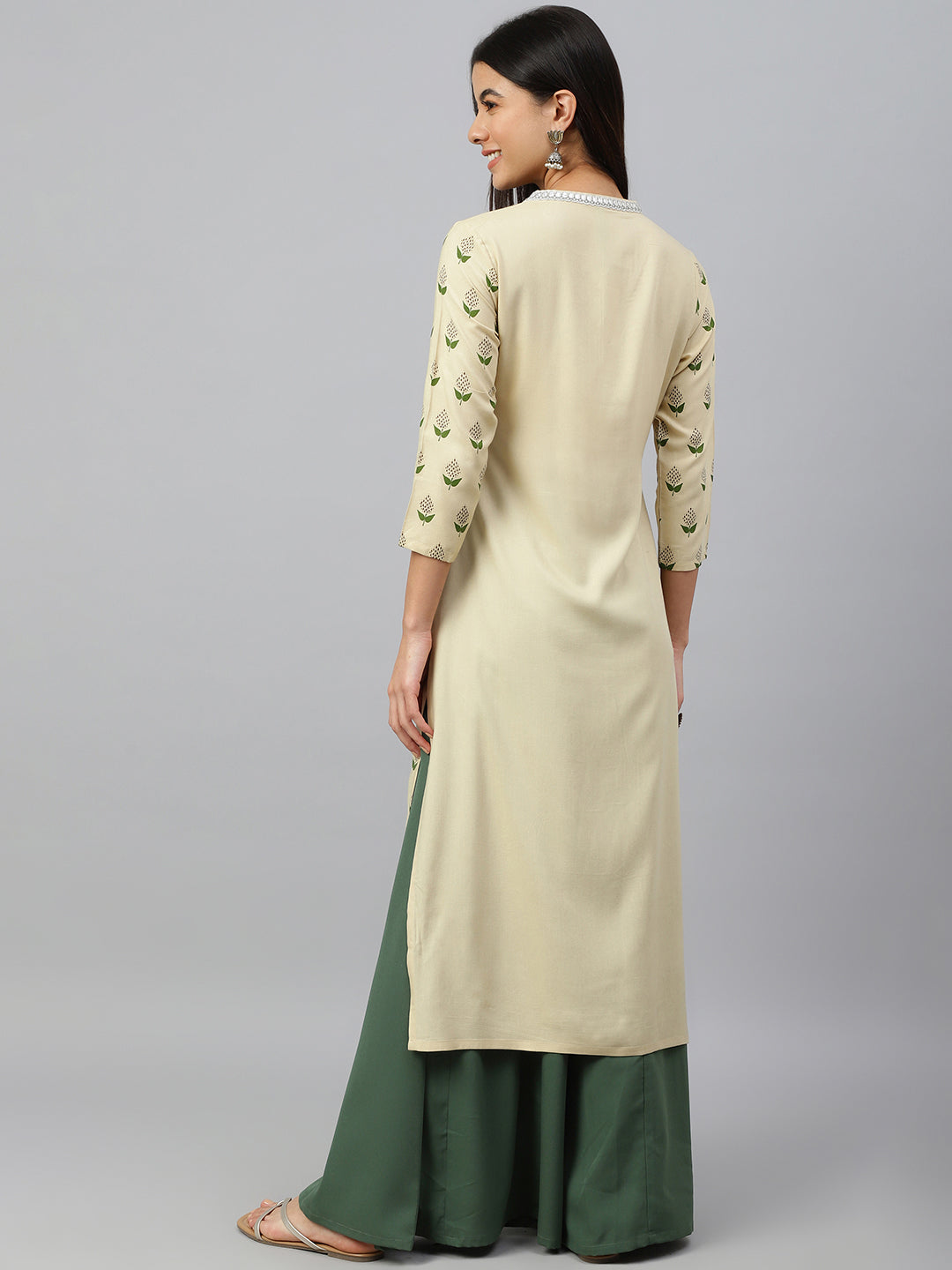 Janasya Women's Beige Rayon Botanical Print Festive Straight Kurta - Distacart