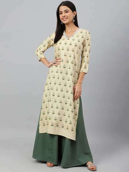 Janasya Women's Beige Rayon Botanical Print Festive Straight Kurta - Distacart
