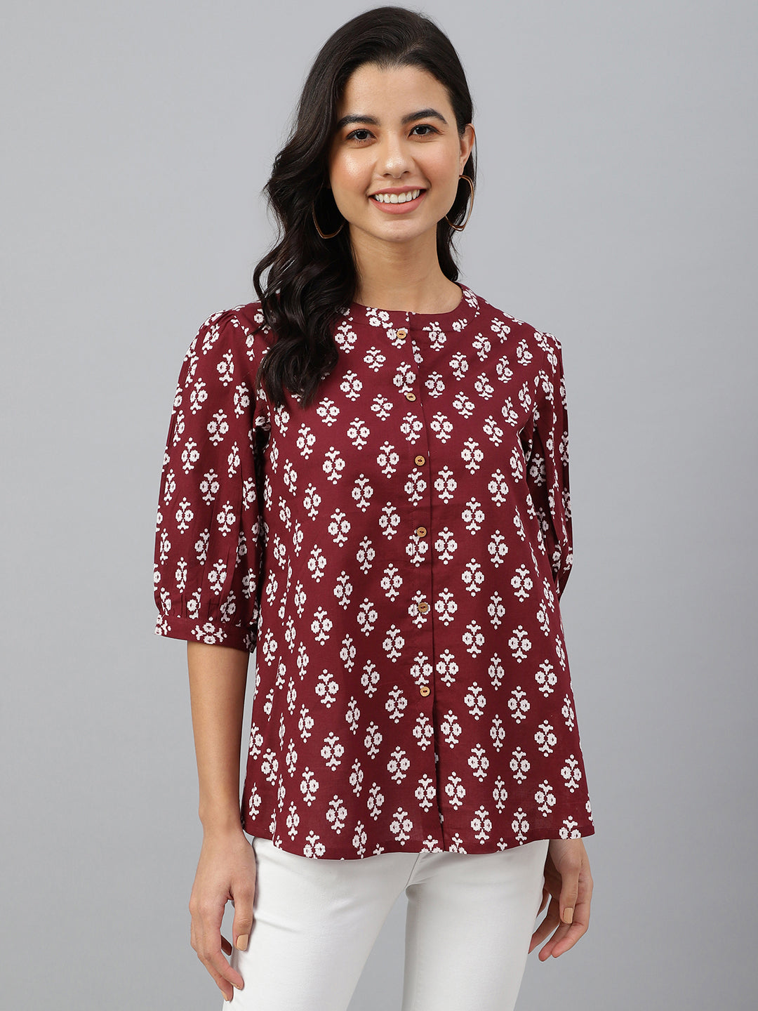 Janasya Women's Wine Cotton Ethnic Motifs A-line Top - Distacart