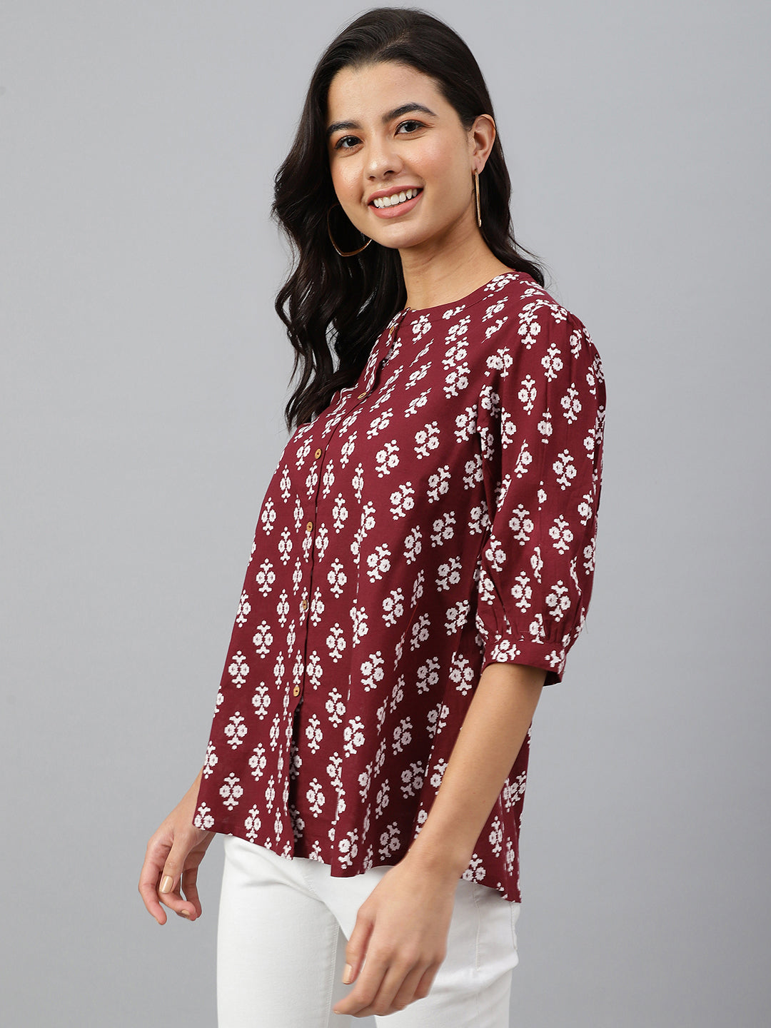 Janasya Women's Wine Cotton Ethnic Motifs A-line Top - Distacart