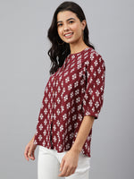 Thumbnail for Janasya Women's Wine Cotton Ethnic Motifs A-line Top - Distacart