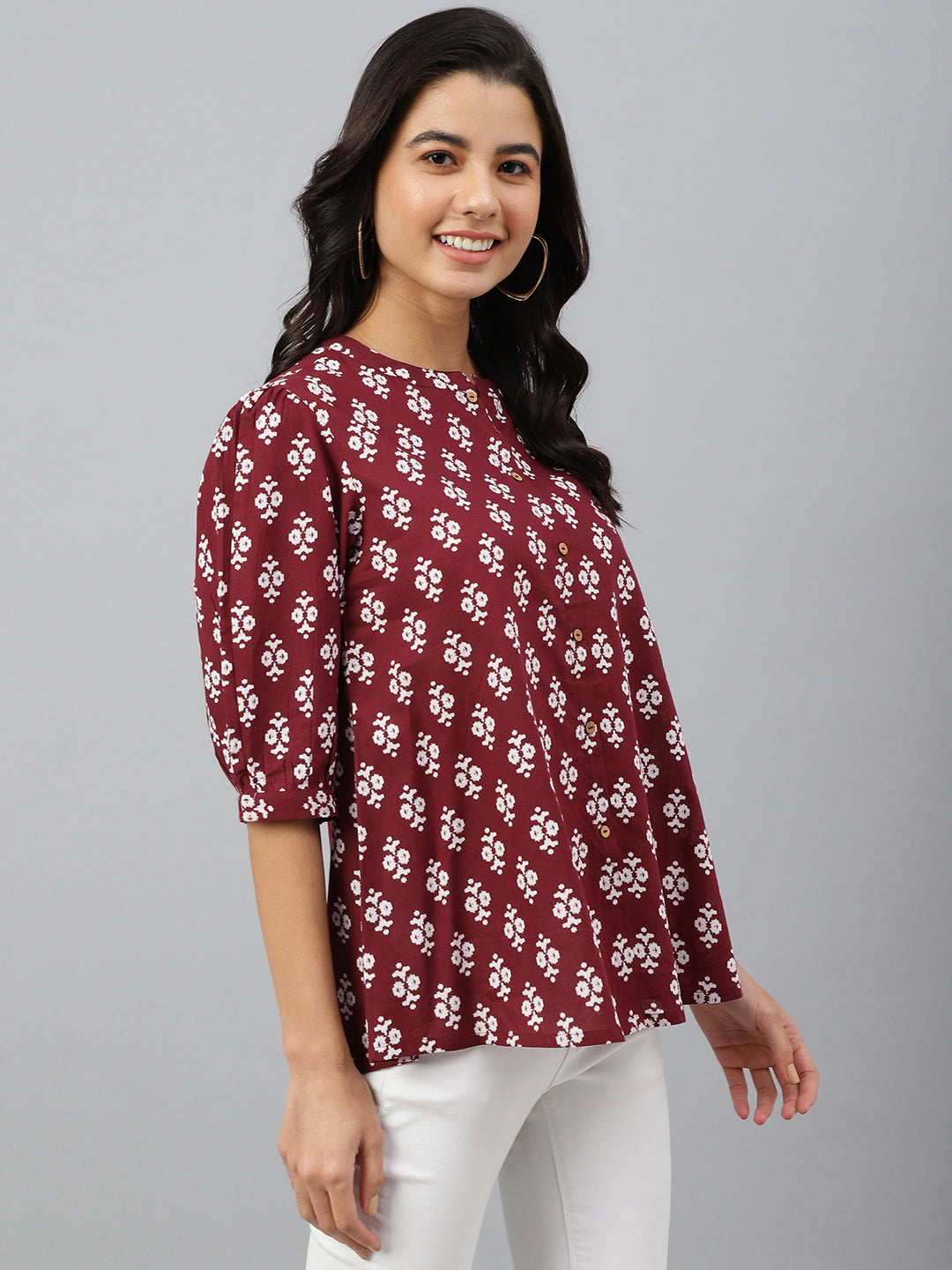 Janasya Women's Wine Cotton Ethnic Motifs A-line Top - Distacart