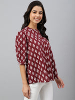 Thumbnail for Janasya Women's Wine Cotton Ethnic Motifs A-line Top - Distacart