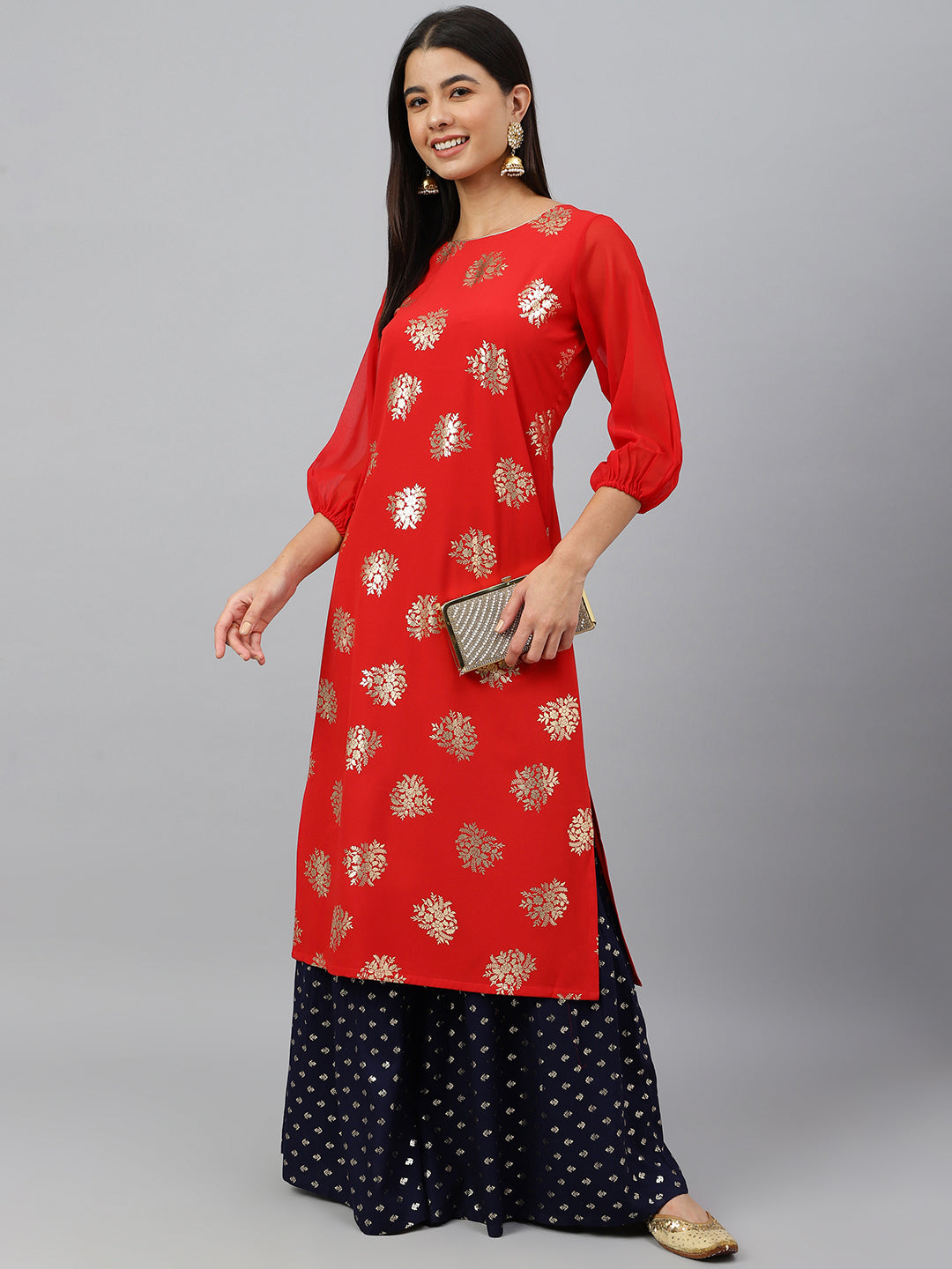 Janasya Women's Red Crepe Floral Foil Print Casual Straight Kurta - Distacart
