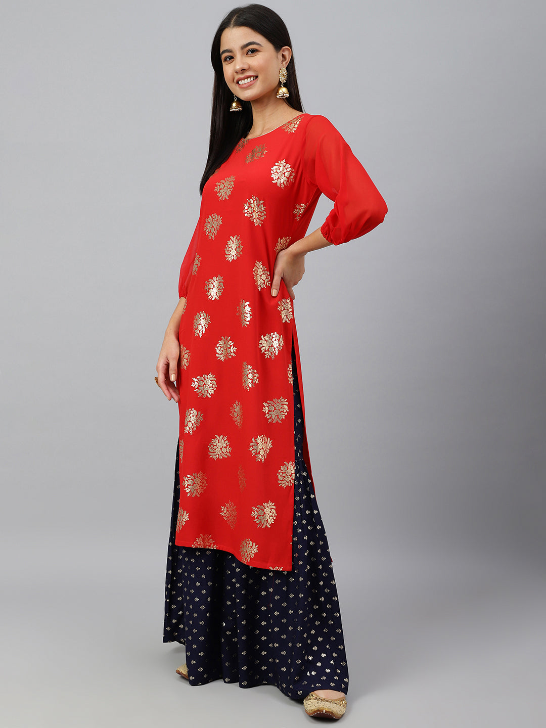 Janasya Women's Red Crepe Floral Foil Print Casual Straight Kurta - Distacart