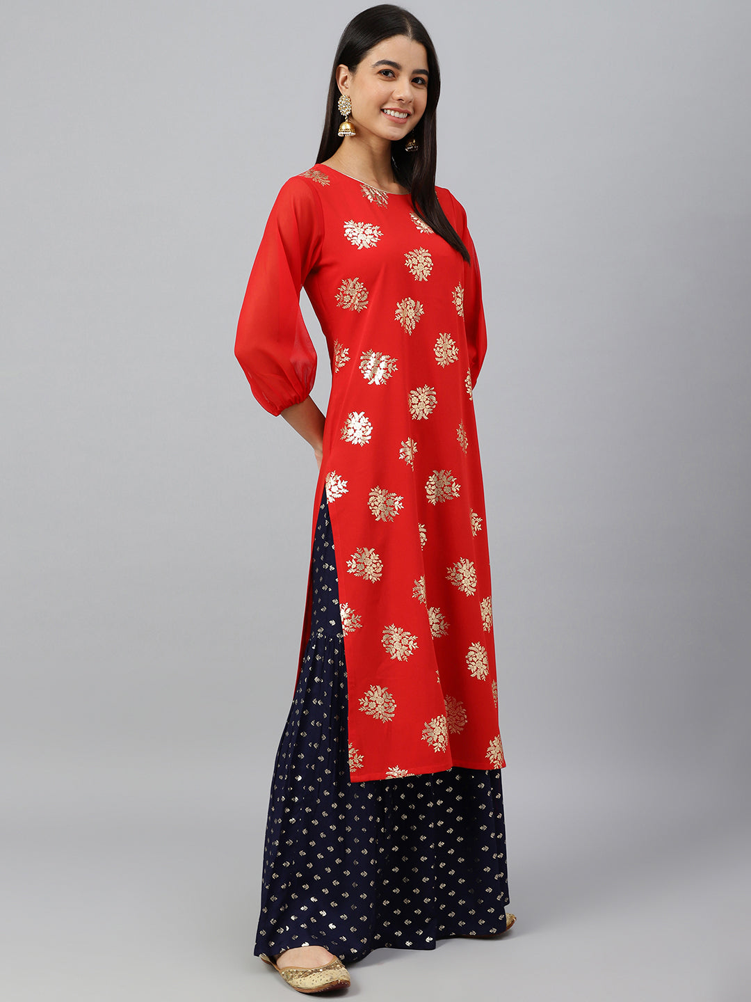 Janasya Women's Red Crepe Floral Foil Print Casual Straight Kurta - Distacart