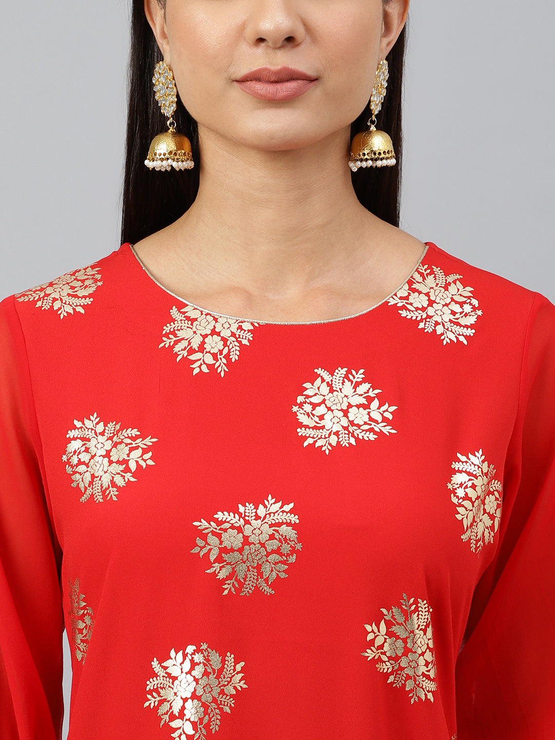 Janasya Women's Red Crepe Floral Foil Print Casual Straight Kurta - Distacart