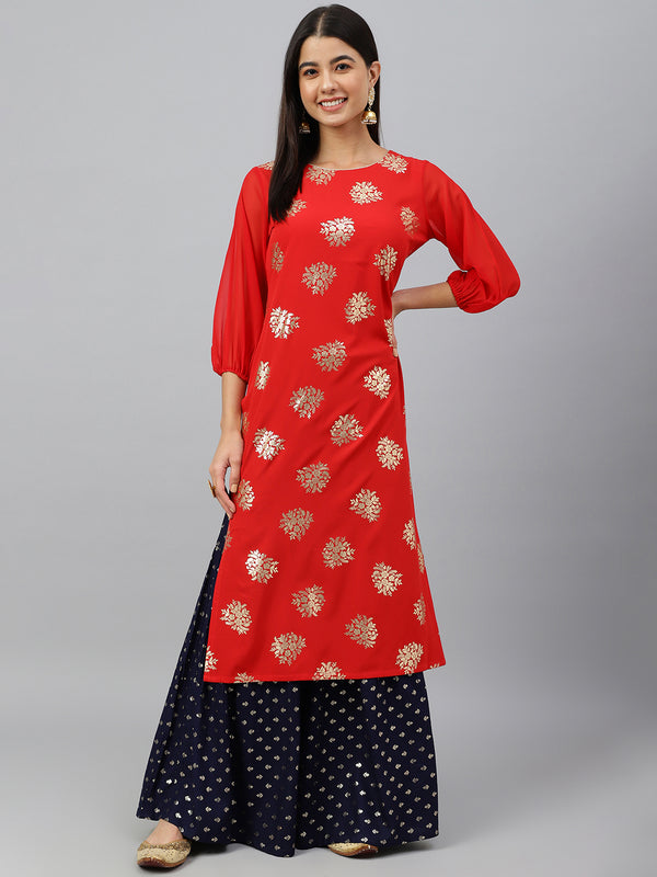 Janasya Women's Red Crepe Floral Foil Print Casual Straight Kurta - Distacart